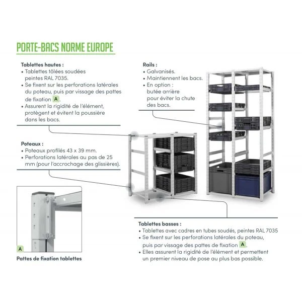 Porte-Bacs Norme Europe Kit Suivant H. 2000 Mm Pour Bacs 600 X 400 Mm 2 Porte-Bacs Norme Europe Kit Suivant H. 2000 Mm Pour Bacs 600 X 400 Mm – Image 2